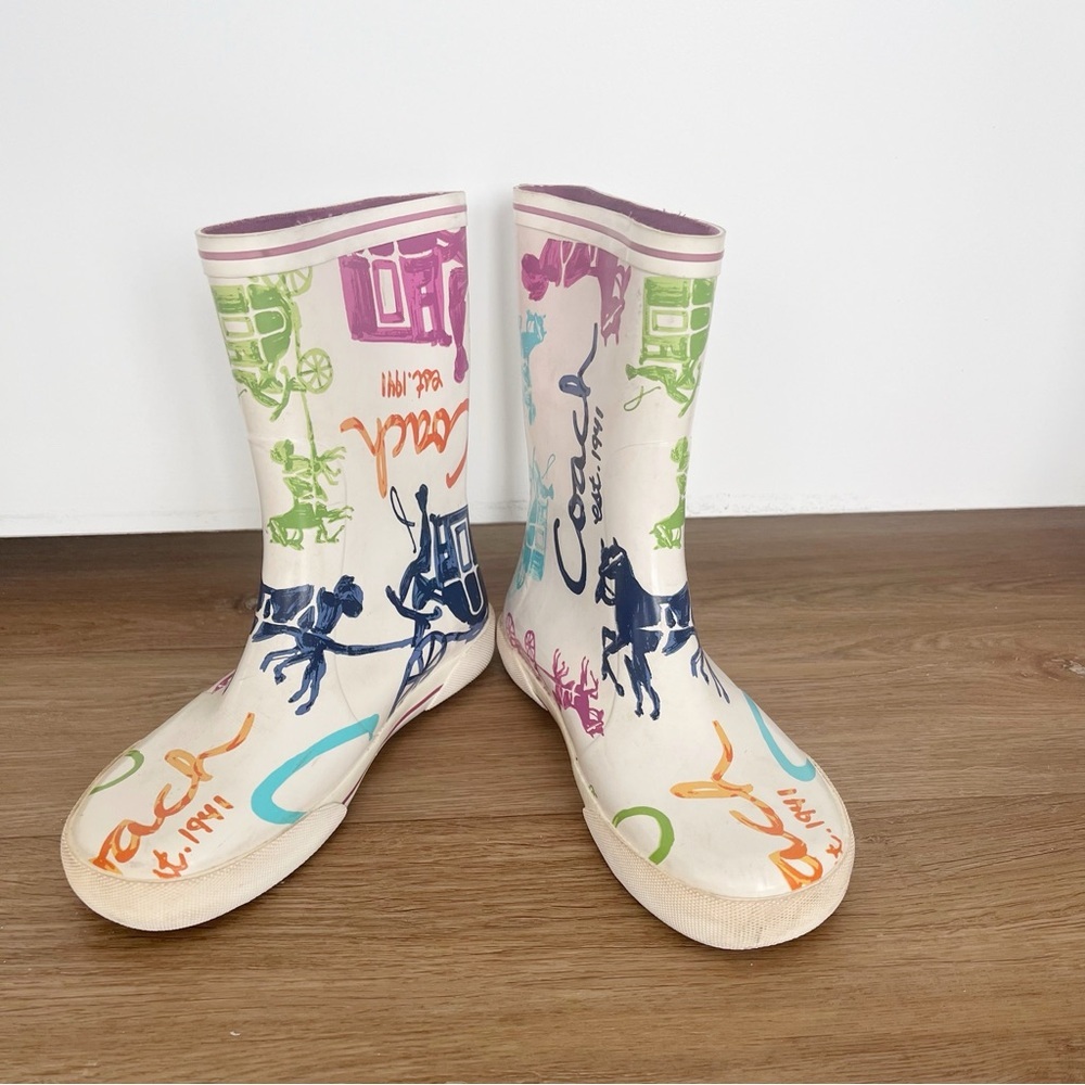Coach Multicolor Rain Boots Equestrian Horse Carriage Logo Rubber Boots Size 6
